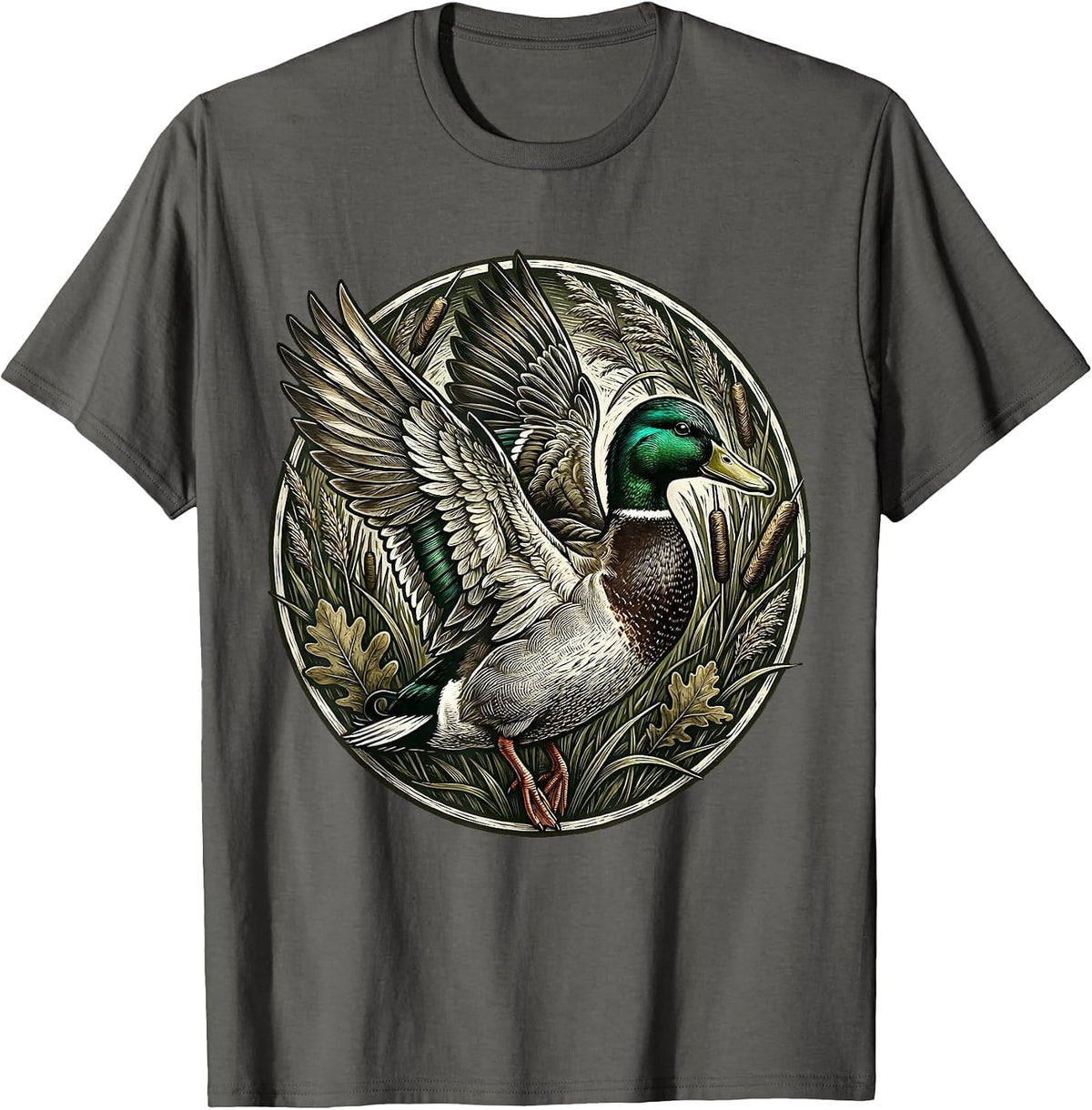 Mallard Duck Bursting Through Camo Foliage T-Shirt - Asphalt Grey