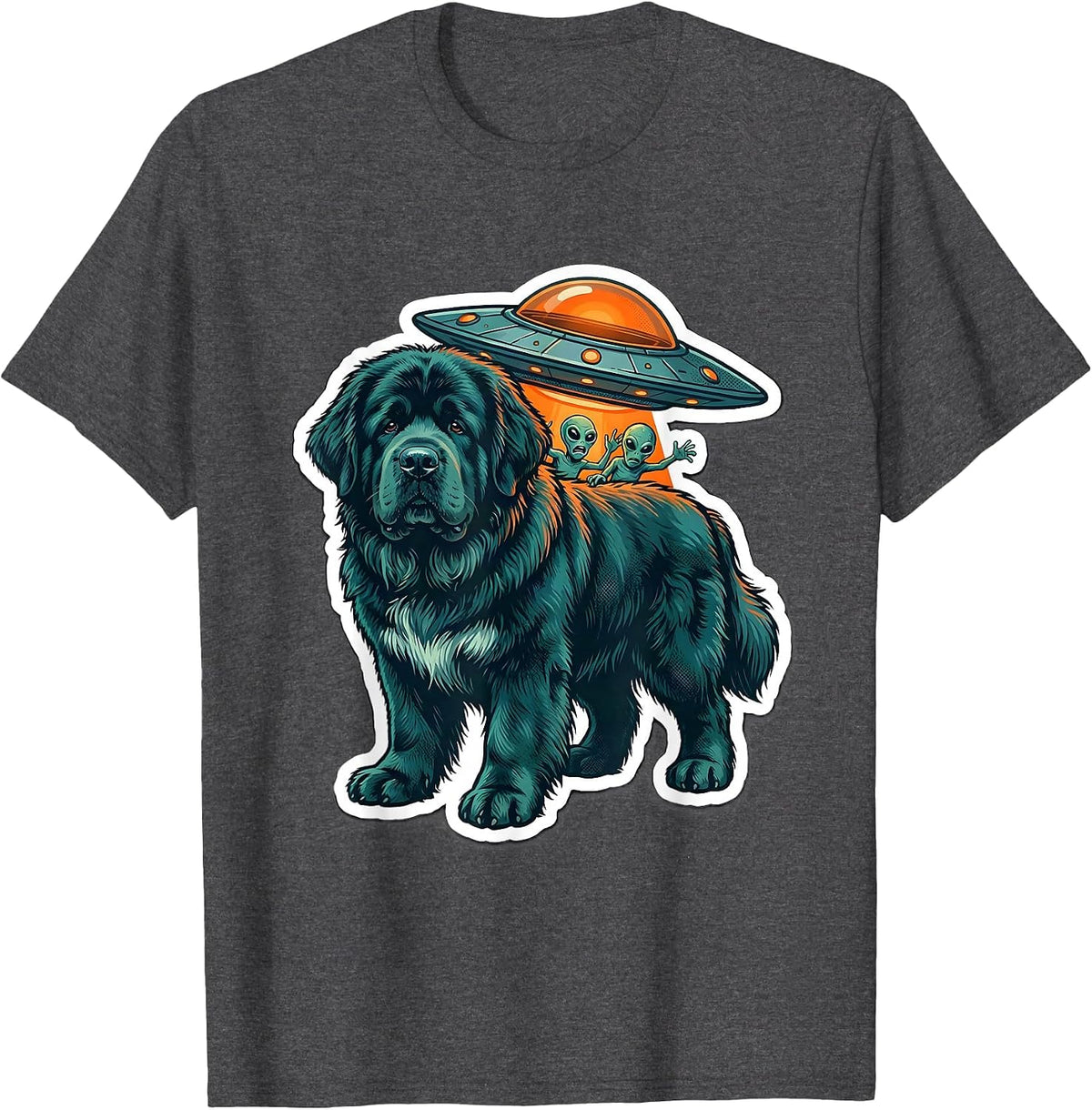 Newfoundland Dog Alien Abduction Funny Novelty Sticker T-Shirt - Dark Heather Grey