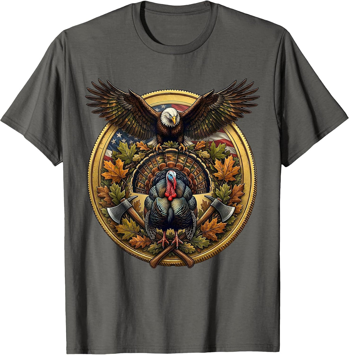Men's Turkey Strutting Camo Leaf Scatter Hunting Design T-Shirt - Asphalt Grey
