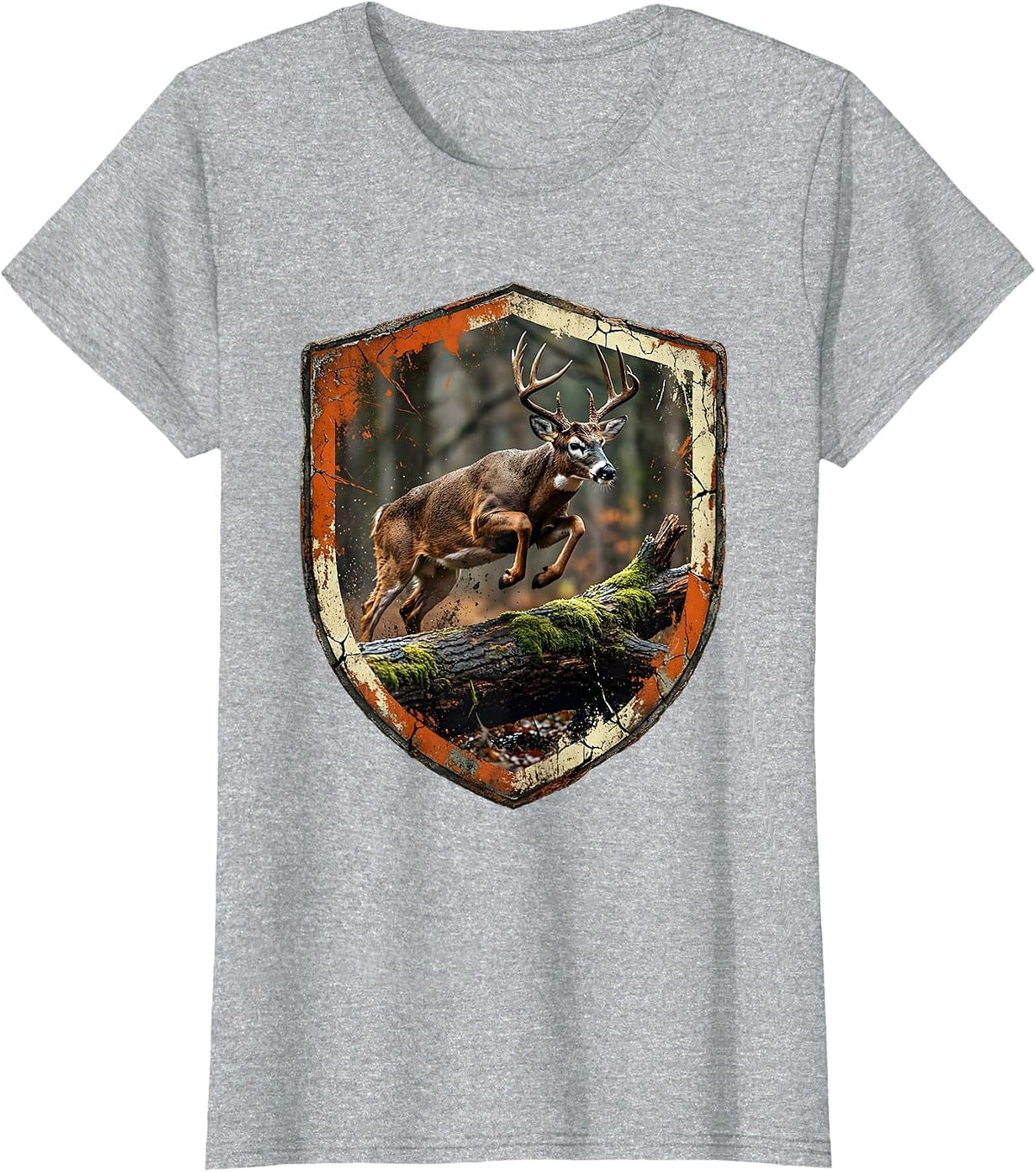 Buck Leaping Over Fallen Log Hunting Design T-Shirt - Heather Grey