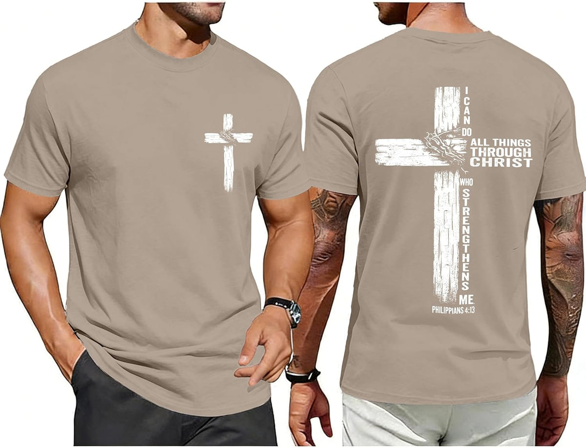 Christian Shirts for Mens Cross Jesus Graphic Tees - Khaki