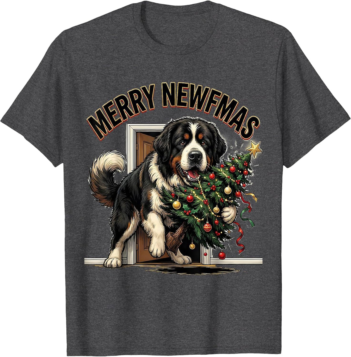 Men's Merry Newfmas Cartoon Newfoundland Dog Christmas Pajama T-Shirt - Dark Heather Grey