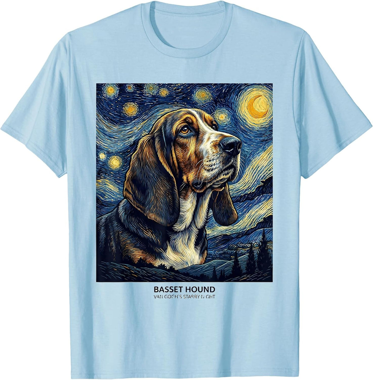 Men's Basset Hound Van Gogh's Starry Night Art Portrait Dog Lover T-Shirt - Baby Blue