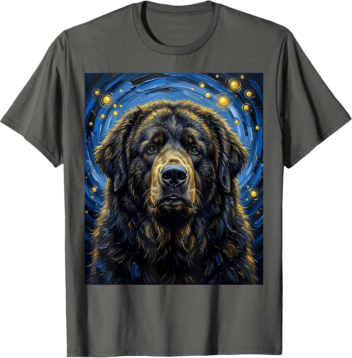 Men's Newfoundland Dog Van Gogh Style Starry Night Portrait T-Shirt - Asphalt Grey