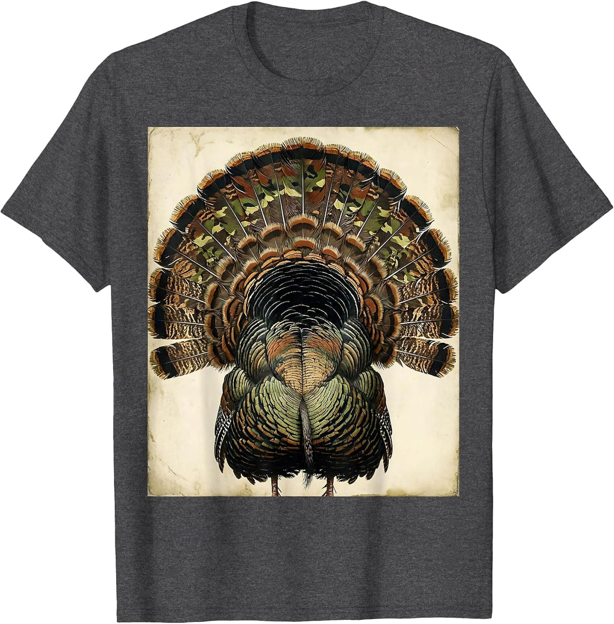 Camo Turkey Feathers Fan Hunting Graphic T-Shirt - Dark Heather Grey