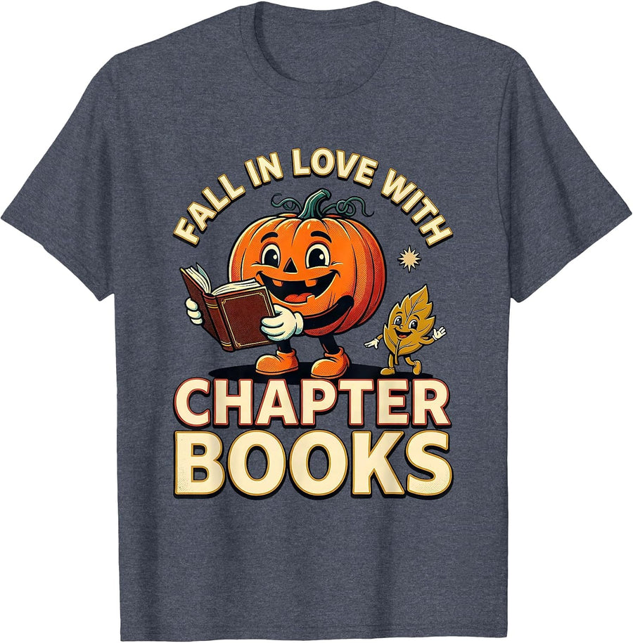 Fall In Love With Chapter Books Retro Teacher Book Lover T-Shirt - Heather Blue