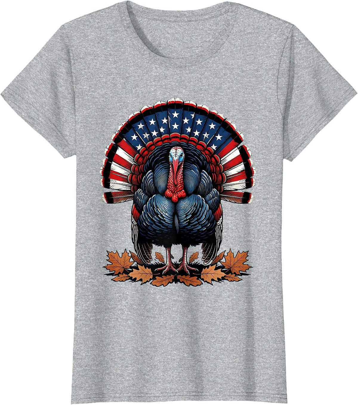 Women's Wild Turkey Strutting Autumn Leaves Thanksgiving T-Shirt - Heather Grey