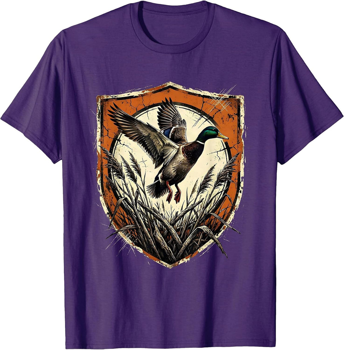 Duck in Flight Over Marsh Reeds Hunting Design T-Shirt - Purple