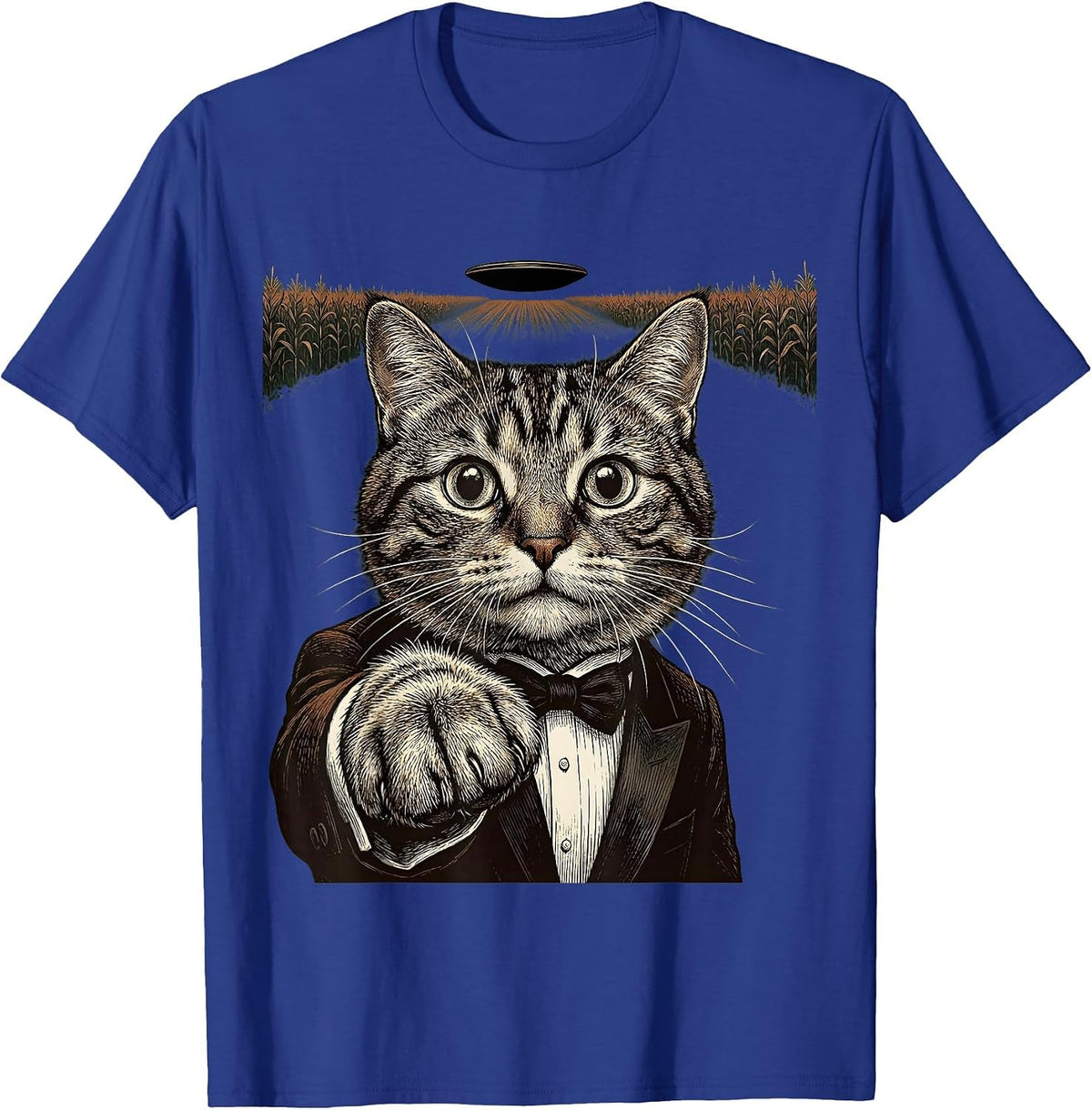 Cropped Tuxedo Cat UFO Vintage Funny Cat Lover T-Shirt - Royal Blue