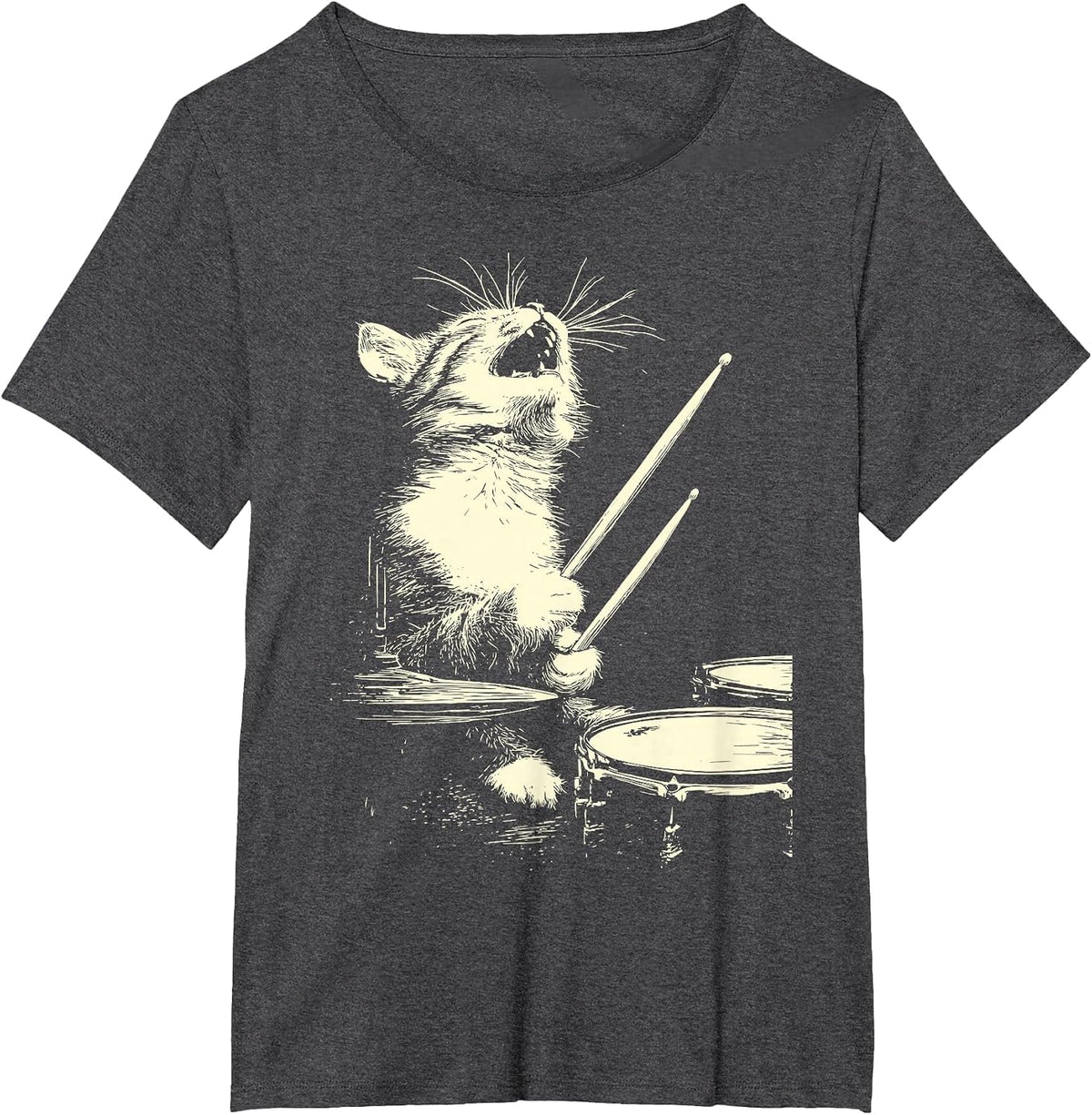 Cute Tabby Cat Playing Drums Funny Music Feline Drummer T-Shirt - Dark Heather Grey