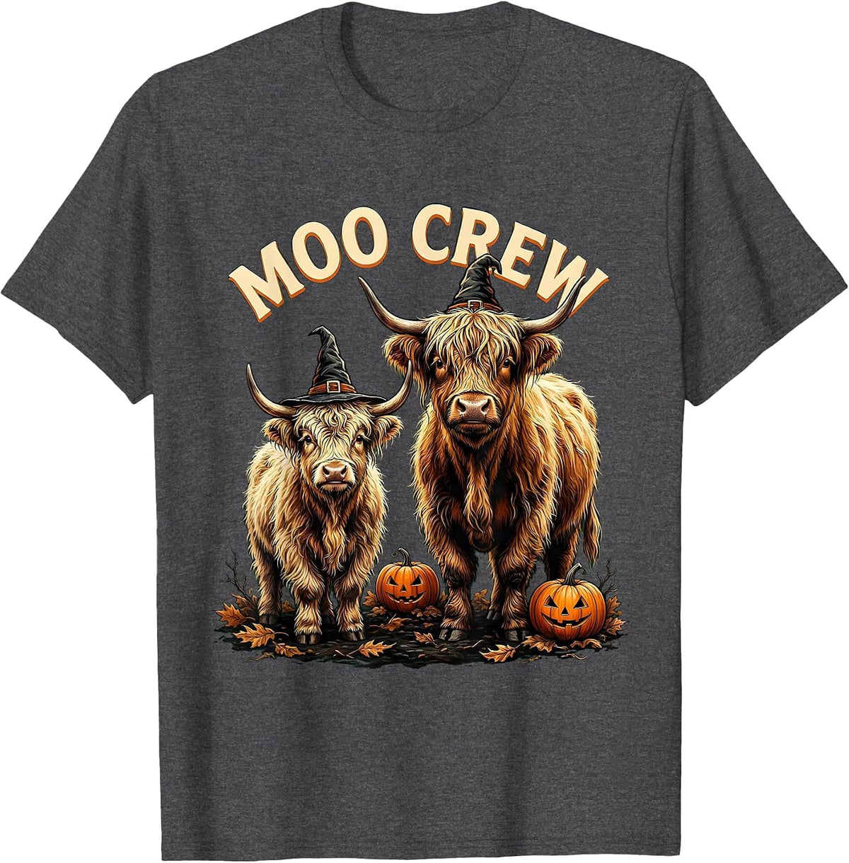 Moo Crew Highland Cow Witch Halloween Family Costume Humor T-Shirt - Dark Heather Grey