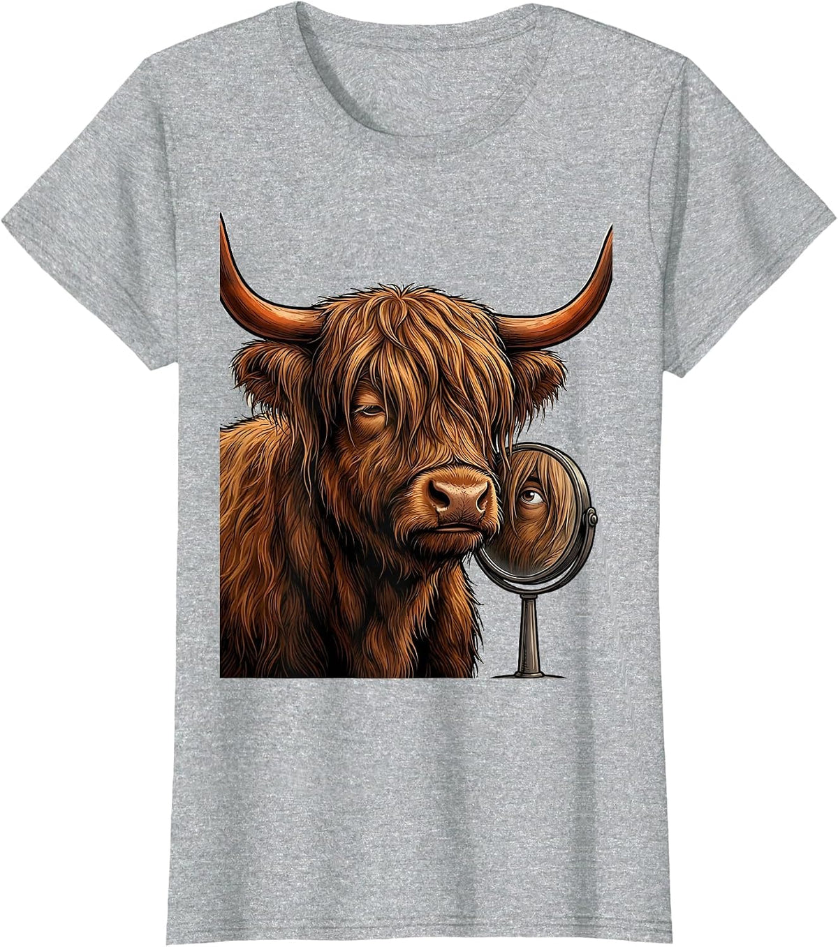 Women's Cartoon Highland Cow Mirror Funny Cow Lover Graphic T-Shirt - Heather Grey
