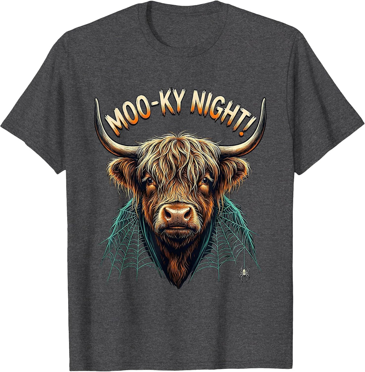 Moo-ky Night! Whimsical Highland Cow Halloween Humor T-Shirt - Dark Heather Grey