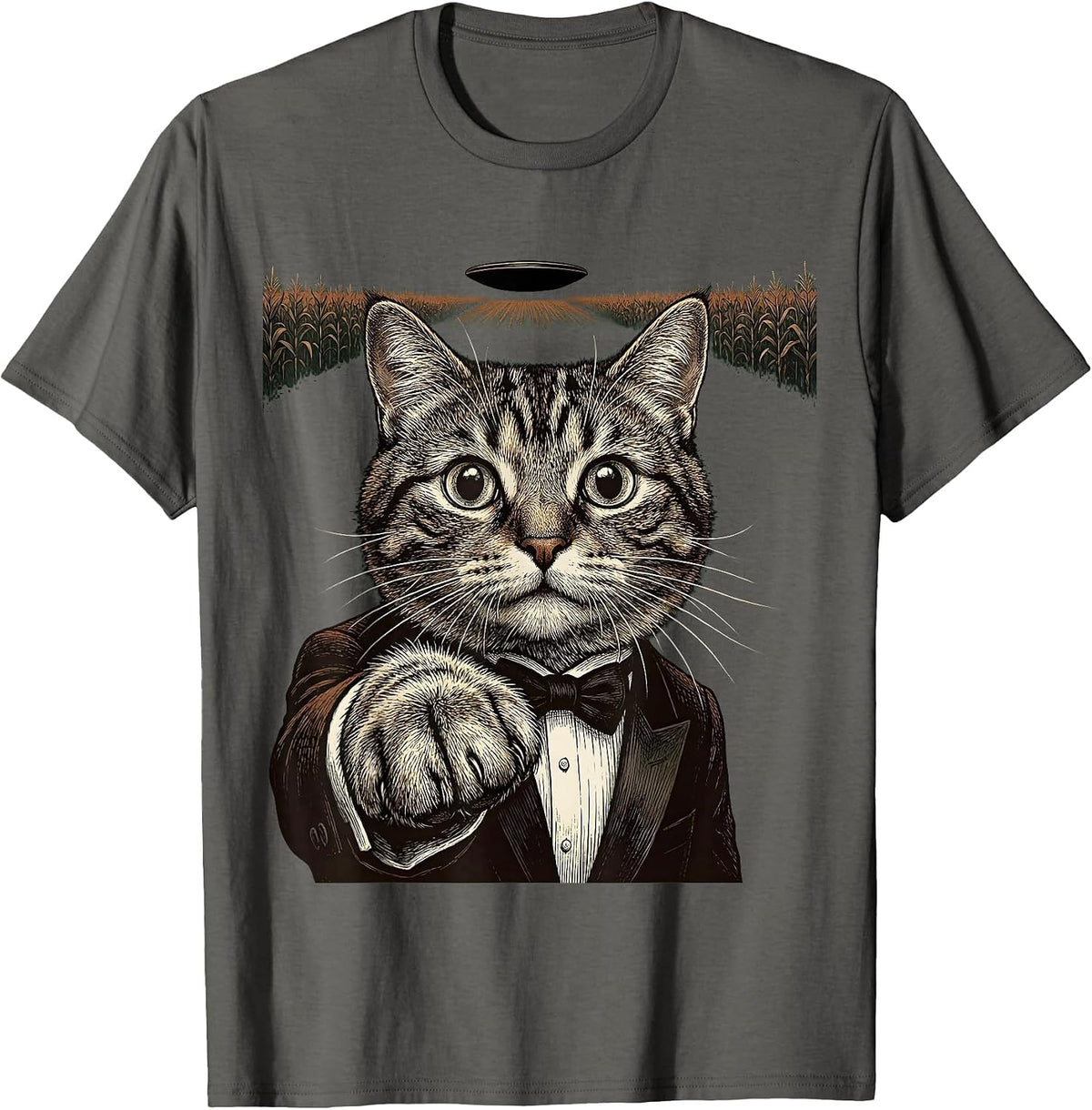 Cropped Tuxedo Cat UFO Vintage Funny Cat Lover T-Shirt - Asphalt Grey