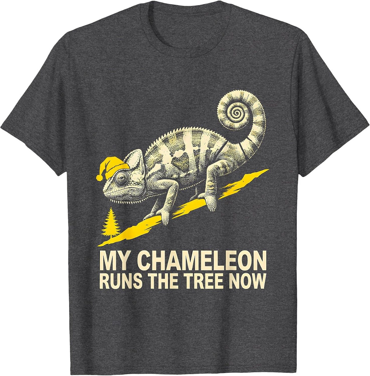 Men's My Chameleon Runs The Tree Now Whimsical Ugly Sweater T-Shirt - Dark Heather Grey