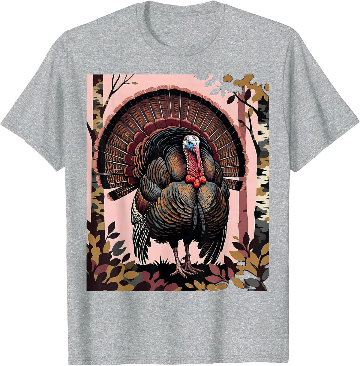 Men's Pink Camo Wild Turkey Strutting Forest Illustration T-Shirt - Heather Grey
