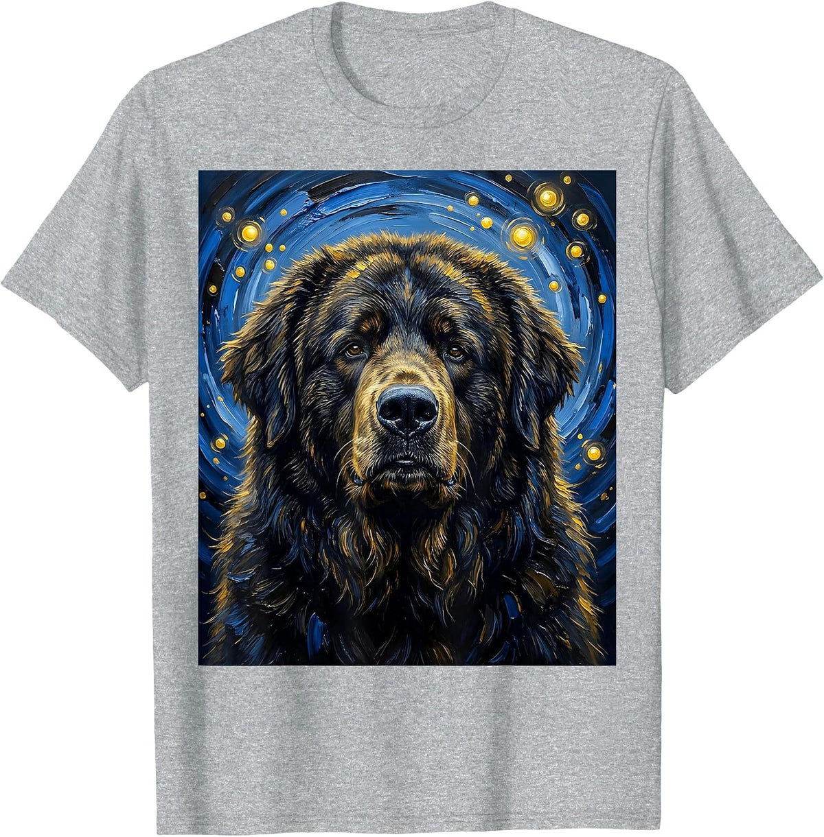 Men's Newfoundland Dog Van Gogh Style Starry Night Portrait T-Shirt - Heather Grey
