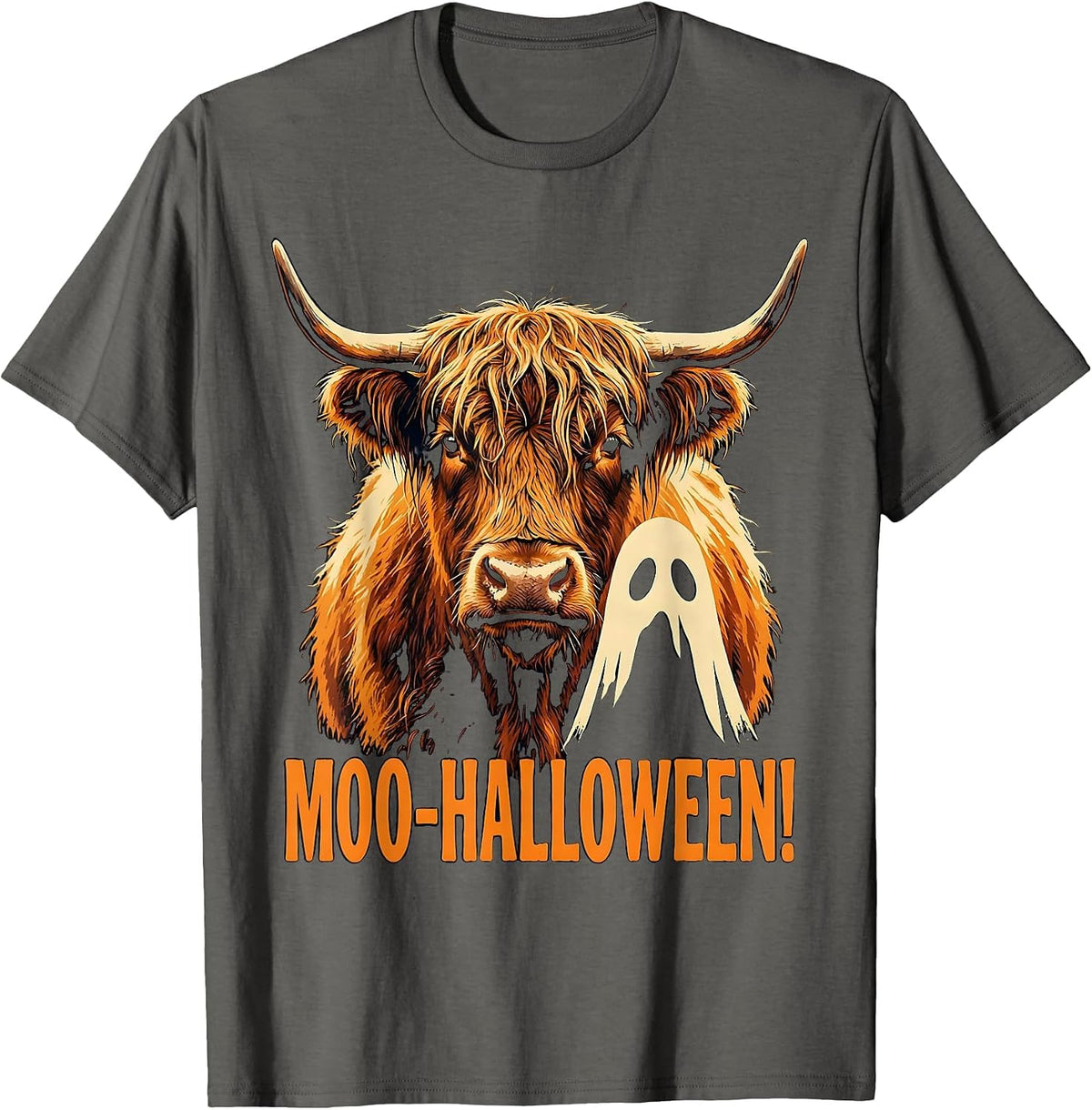 Men's Moo-Halloween! Whimsical Highland Cow Halloween Humor T-Shirt - Asphalt Grey