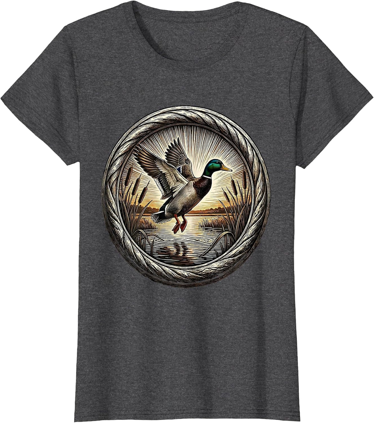 Women's Duck Flying Over Marsh at Sunset Hunting Design T-Shirt - Dark Heather Grey