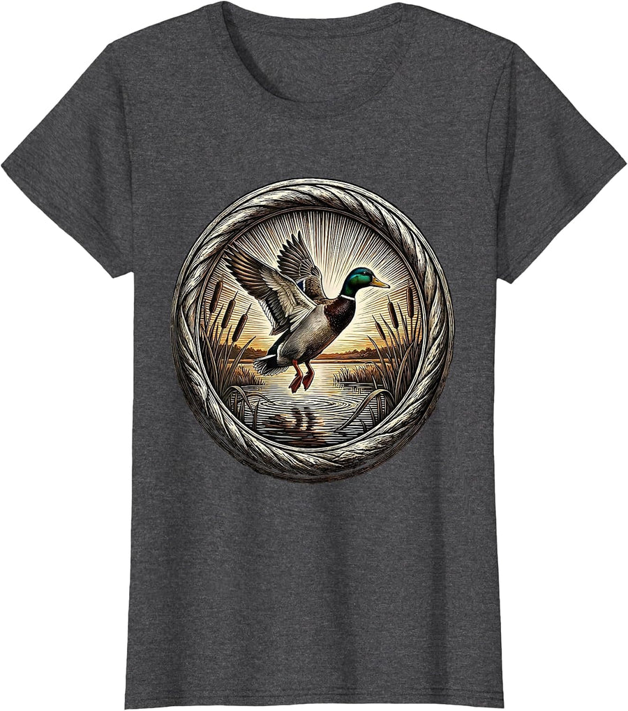 Women's Duck Flying Over Marsh at Sunset Hunting Design T-Shirt - Dark Heather Grey