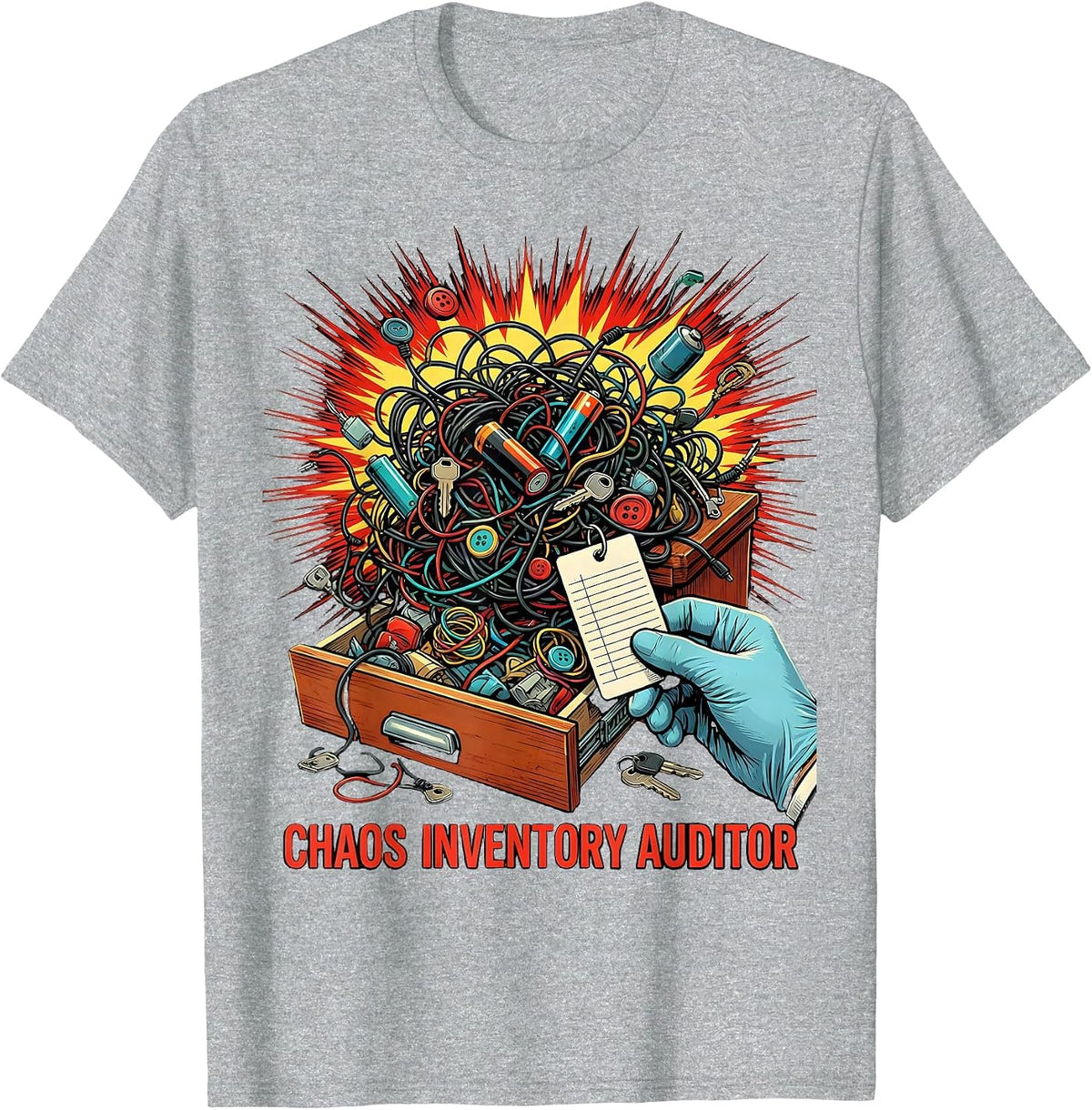Men's Chaos Inventory Auditor Pop Art Funny Chaos Coordinator T-Shirt - Heather Grey