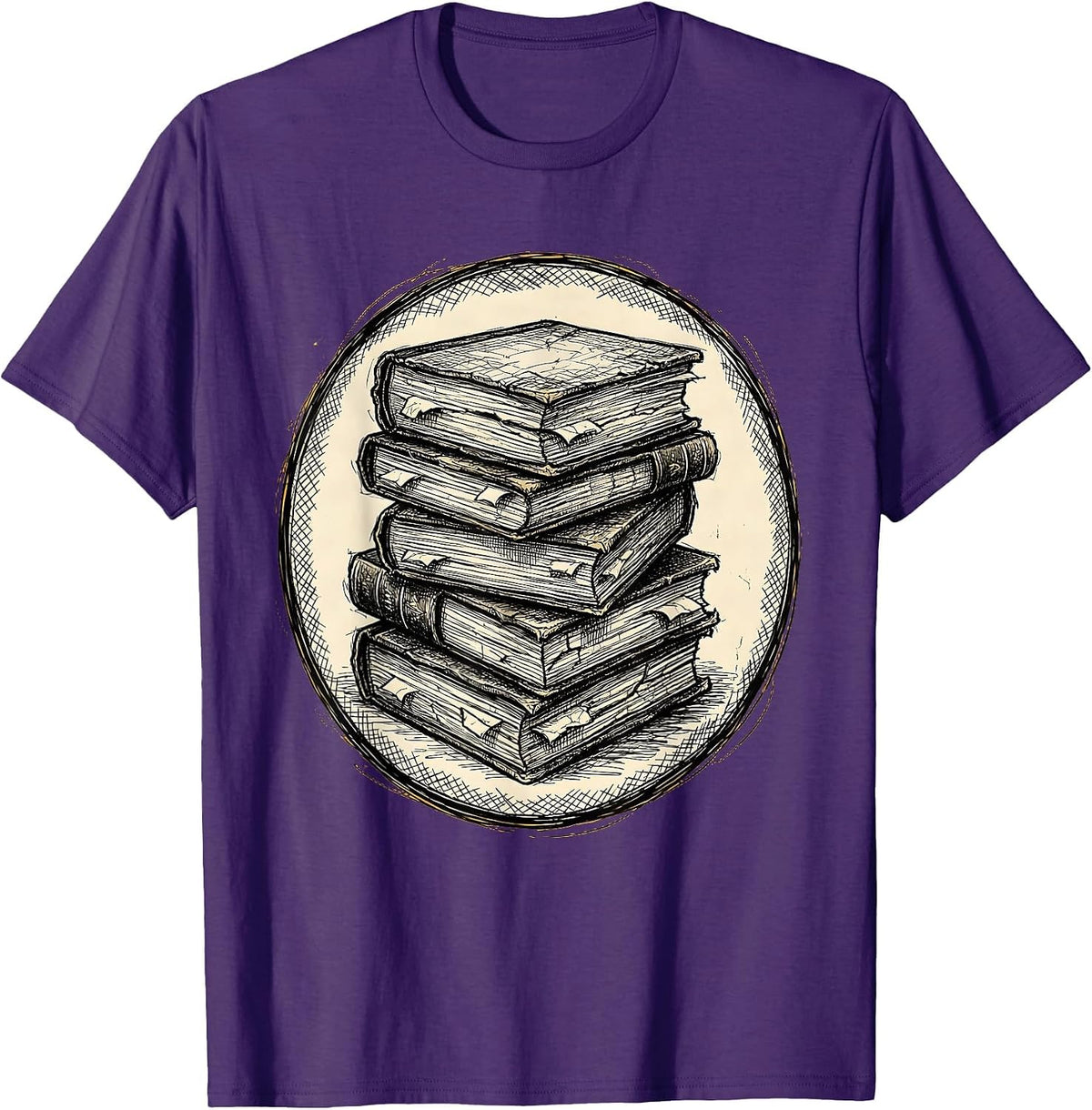 Worn Book Stack Illustration Bookish Design T-Shirt - Purple