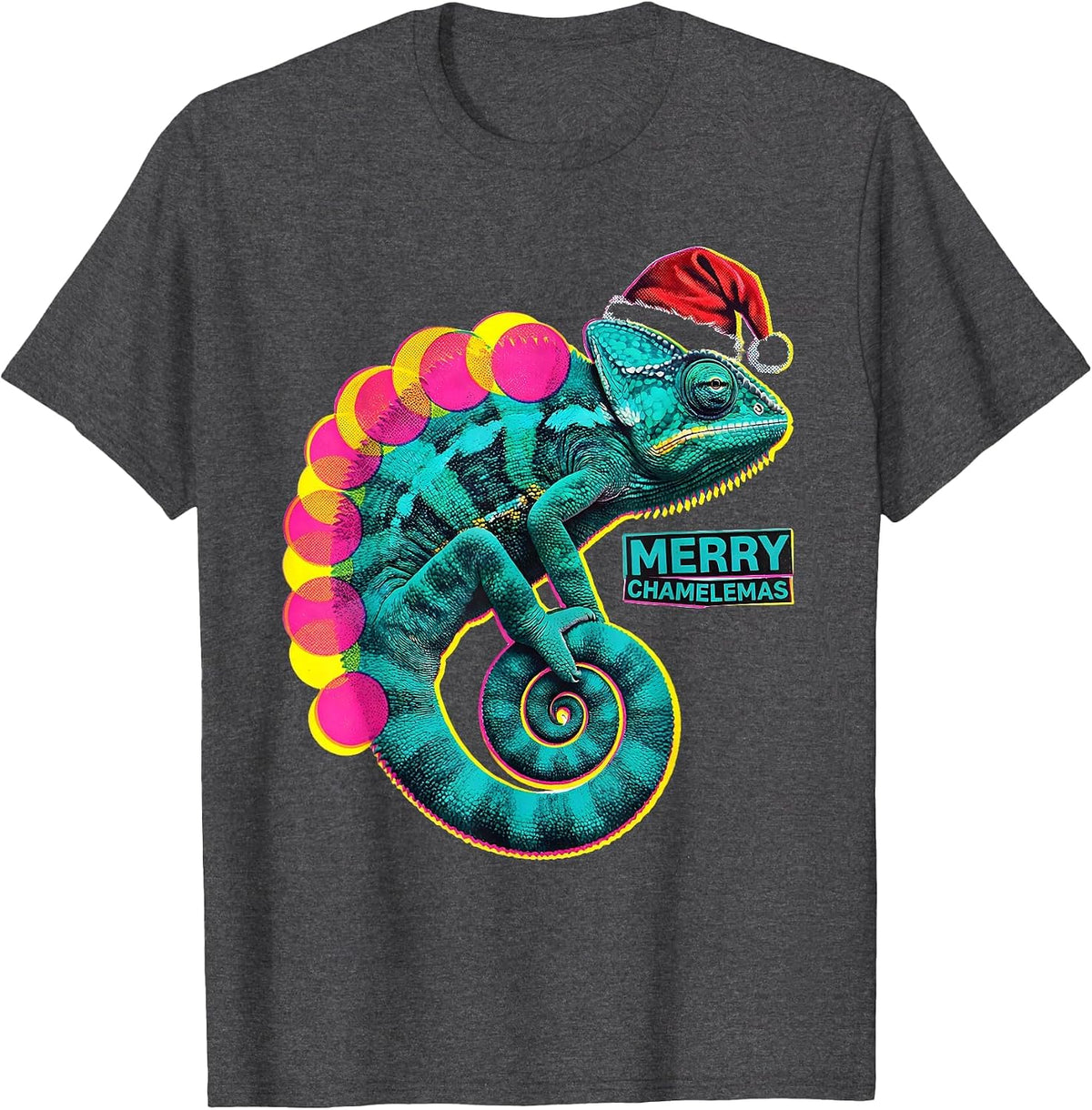 Merry Chamelemas Funny Animal Christmas Novelty Chameleon T-Shirt - Dark Heather Grey