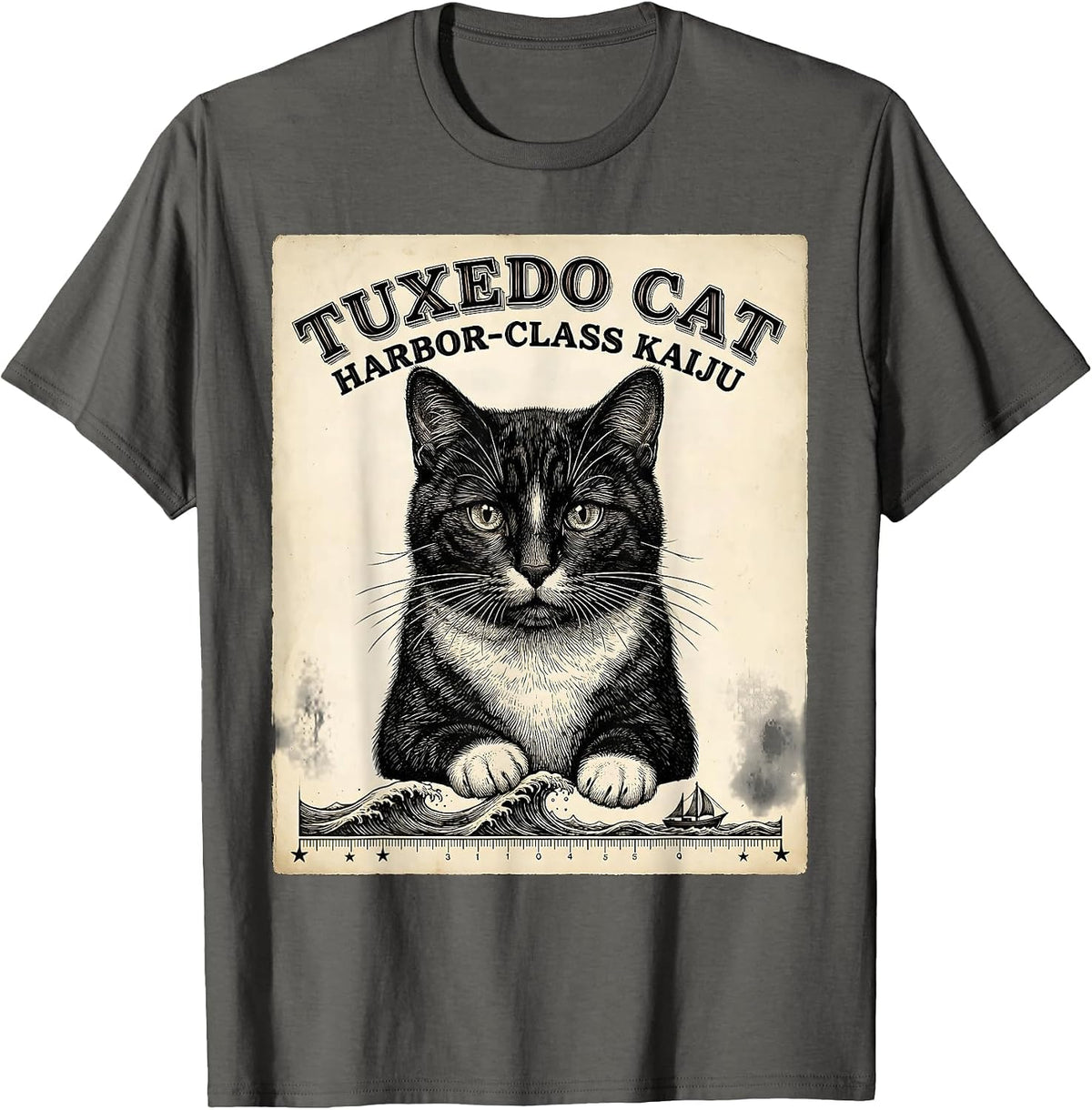 Tuxedo Cat Harbor-Class Kaiju Funny Japanese Monster Parody T-Shirt - Asphalt Grey