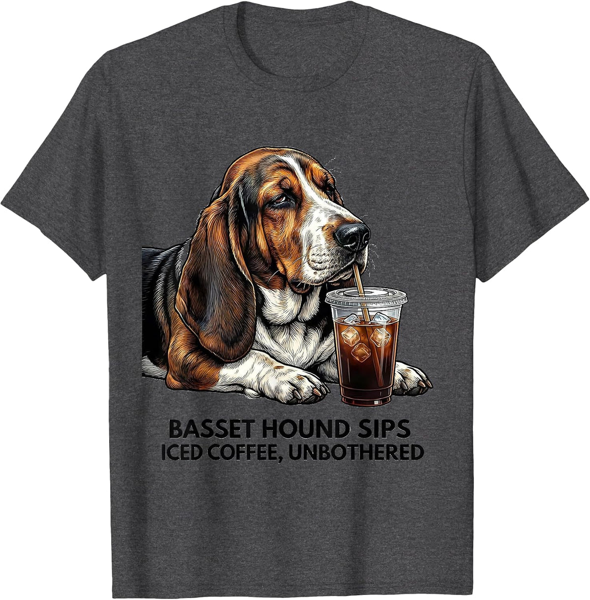 Men's Basset Hound Sips Iced Coffee, Unbothered Funny T-Shirt - Dark Heather Grey