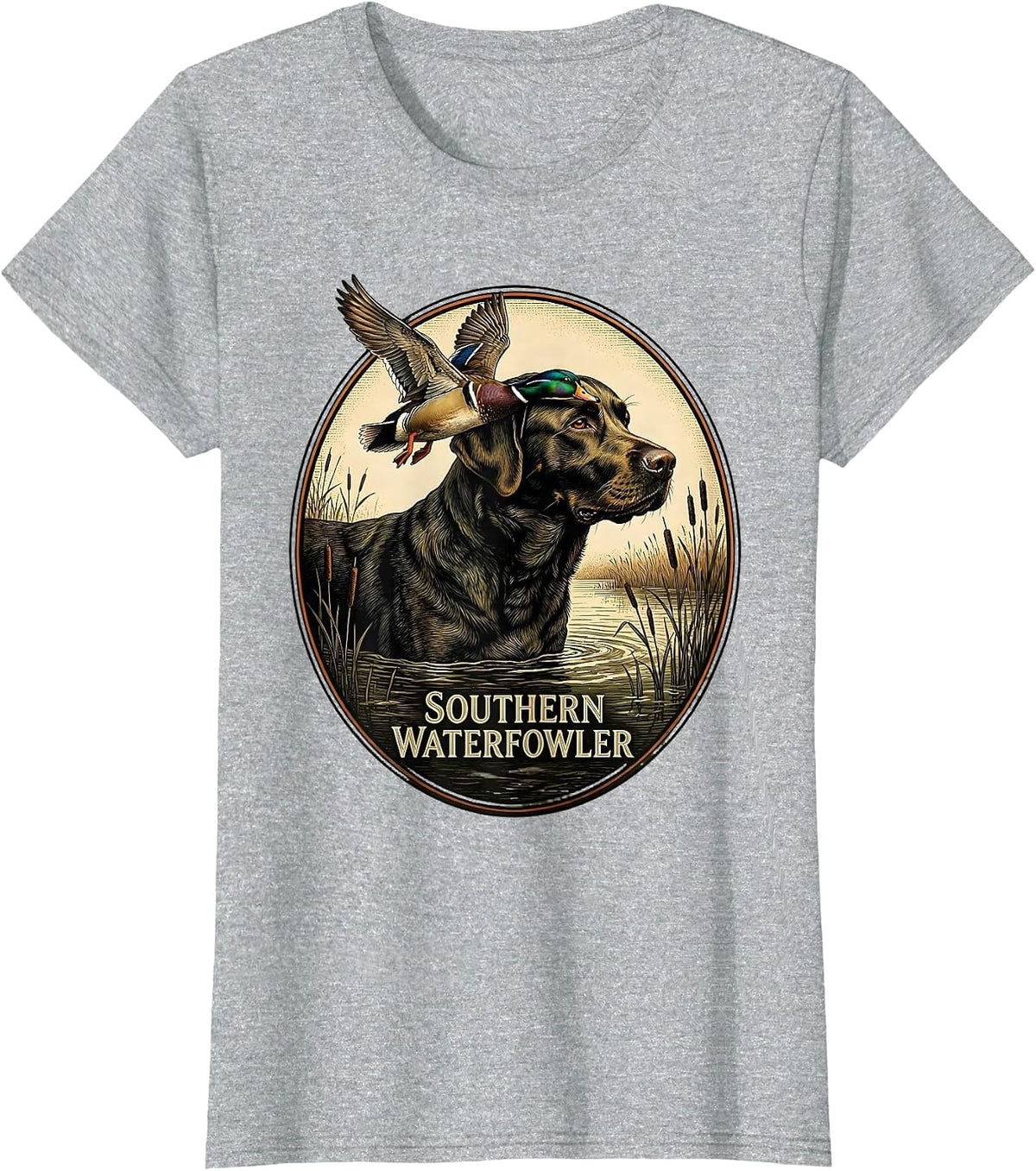 Southern Waterfowler Vintage Labrador Duck Hunting Emblem T-Shirt - Heather Grey