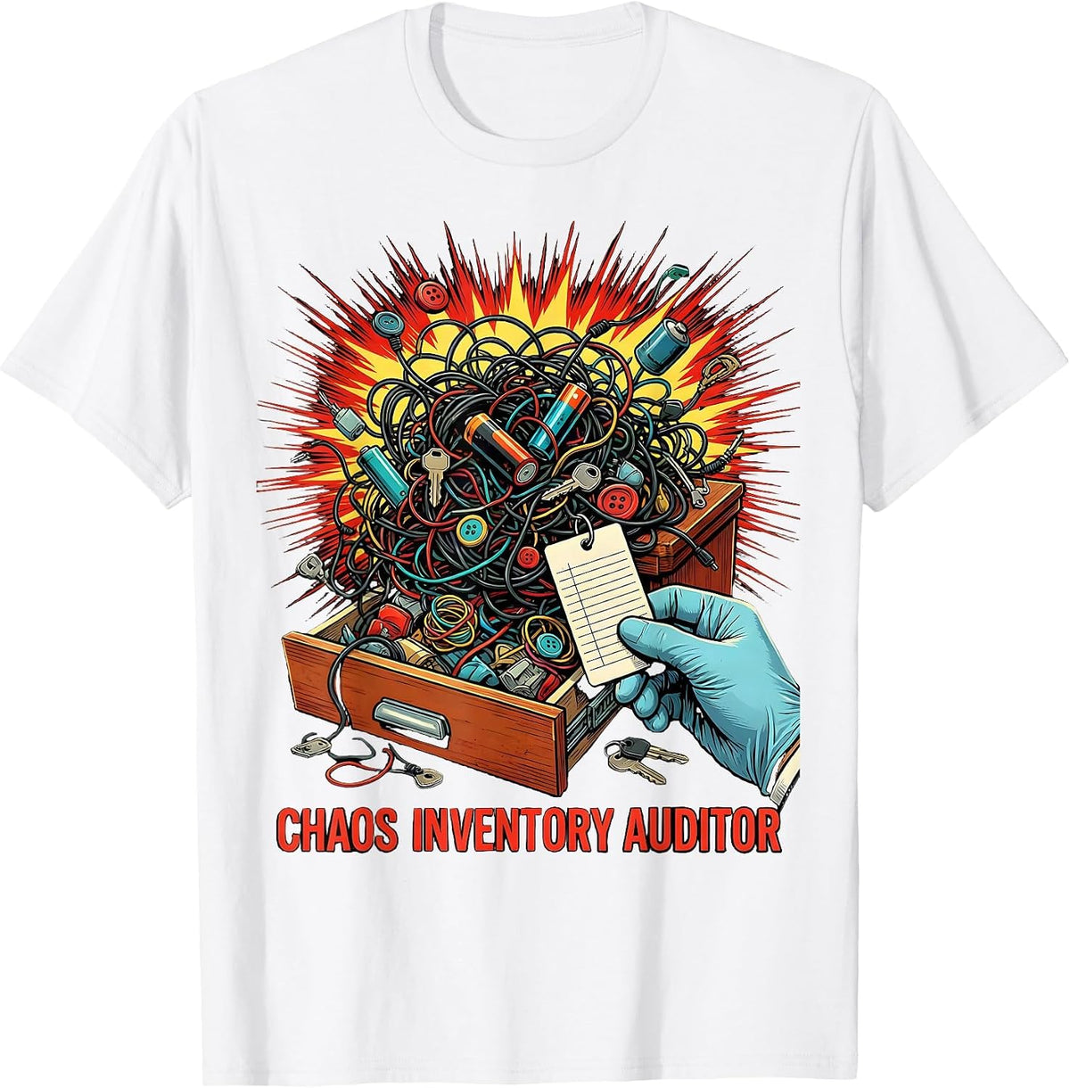 Men's Chaos Inventory Auditor Pop Art Funny Chaos Coordinator T-Shirt - White