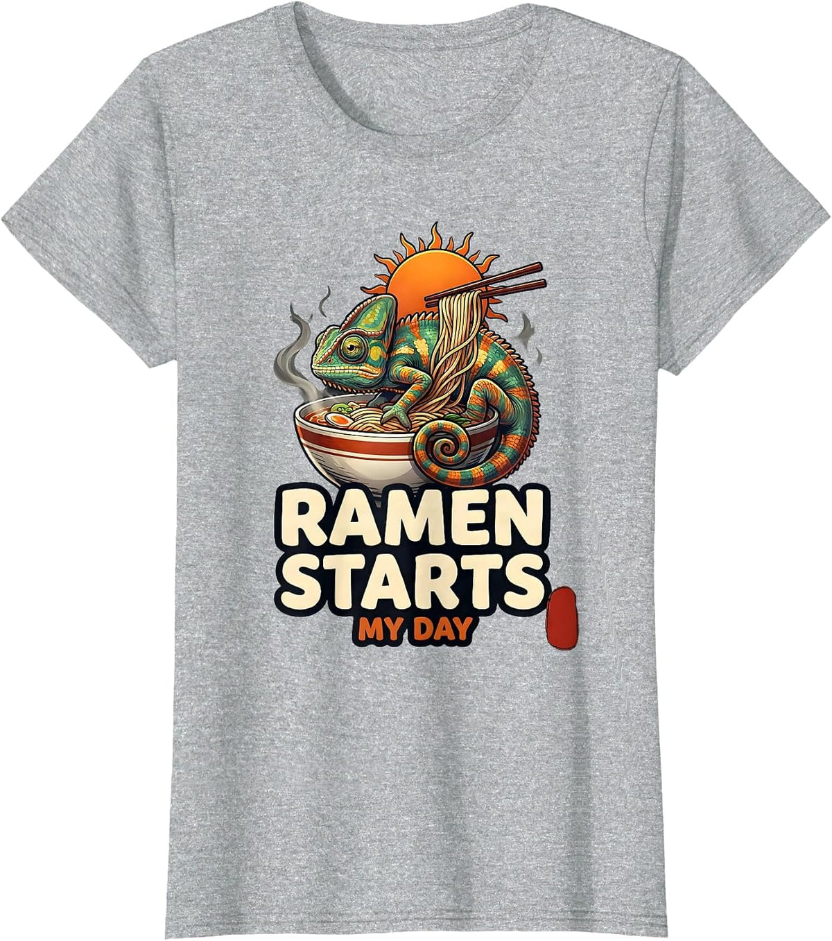 Ramen Starts My Day Funny Japanese Chameleon Anime Novelty T-Shirt - Heather Grey