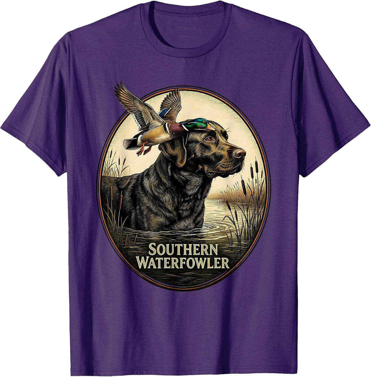 Southern Waterfowler Vintage Labrador Duck Hunting Emblem T-Shirt - Purple