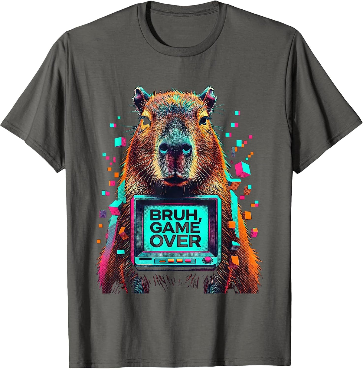 Men's Bruh Game Over Risograph Capybara Gamer Humor T-Shirt - Asphalt Grey