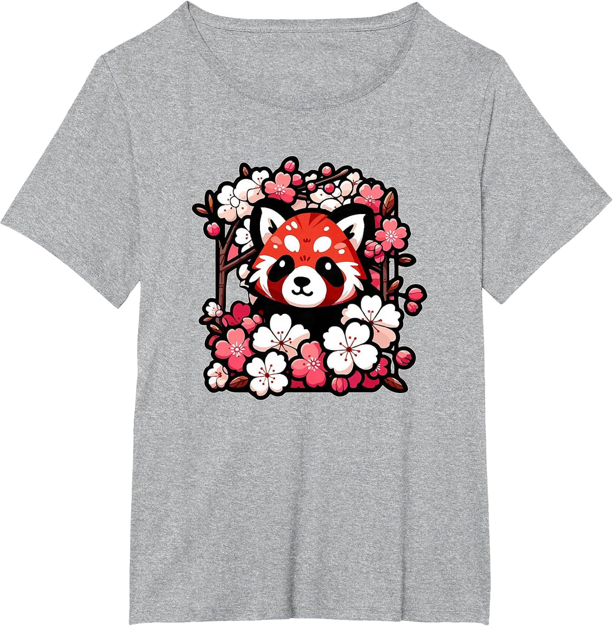 Kawaii Red Panda Japanese Cherry Blossoms Sakura Flower Art Tees T Shirts - Heather Grey