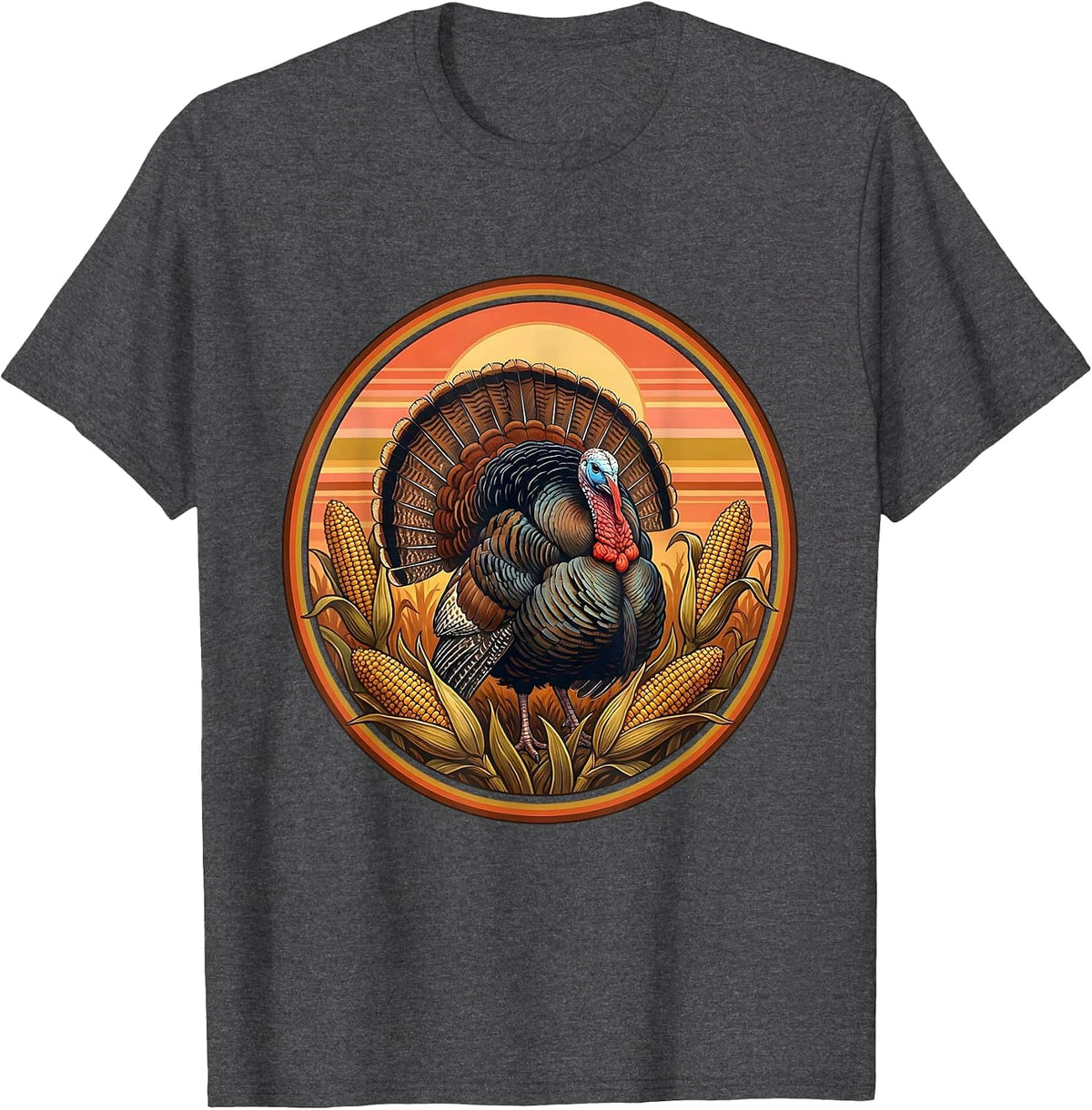 Wild Turkey Strutting Through Golden Cornfield T-Shirt - Dark Heather Grey
