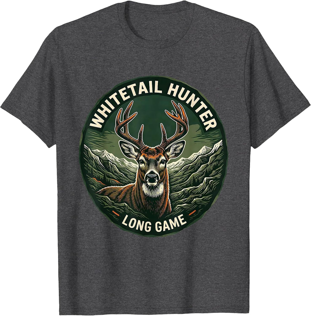 Men's Whitetail Hunter Long Game Linocut Camo Dad Hunting T-Shirt - Dark Heather Grey