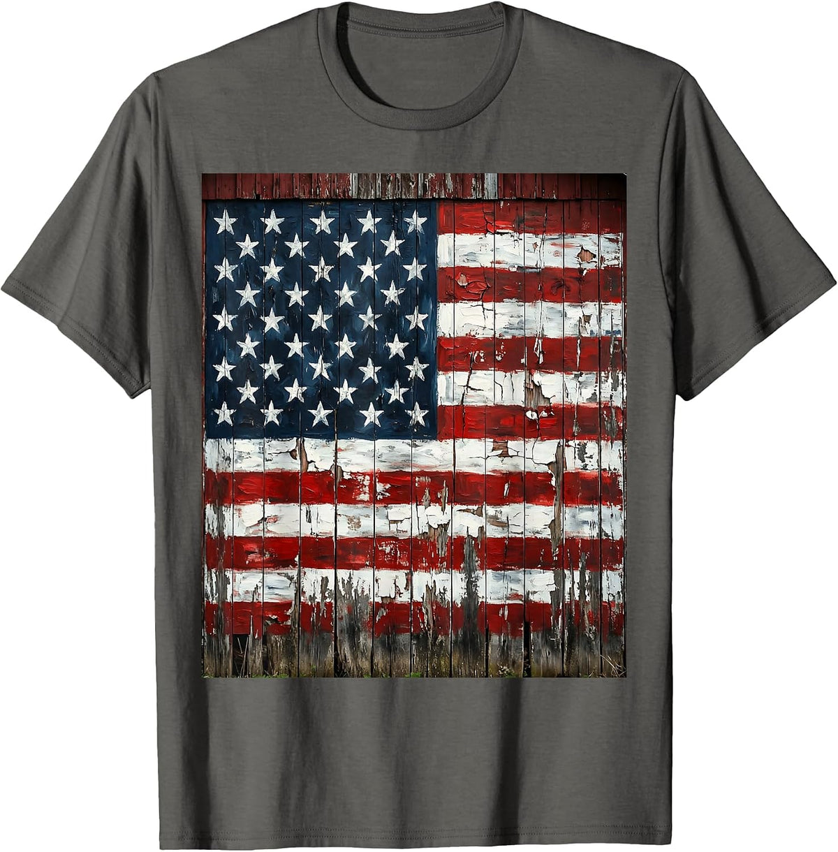 Men's USA Flag Weathered Barn Rustic Patriotic Design T-Shirt - Asphalt Grey