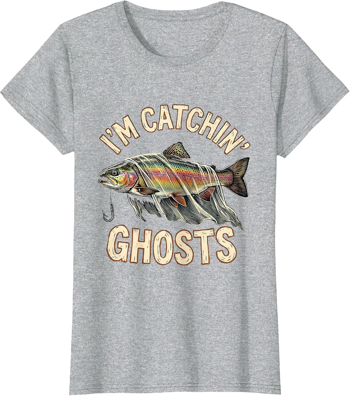 I'm Catchin' Ghosts Linocut Halloween Fishing Ghost Dad T-Shirt - Heather Grey