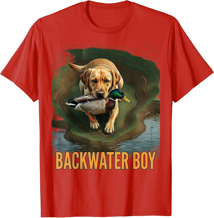 Men's Backwater Boy Topographic Contour Labrador Duck Hunting T-Shirt - Red