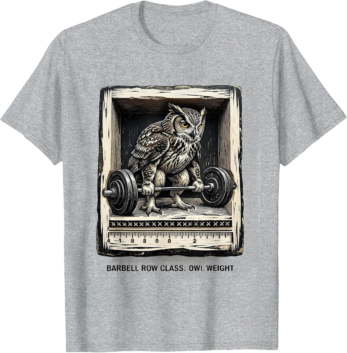 Men's Barbell Row Class: Owl Weight Funny Gym Animal Pun Workout T-Shirt - Heather Grey