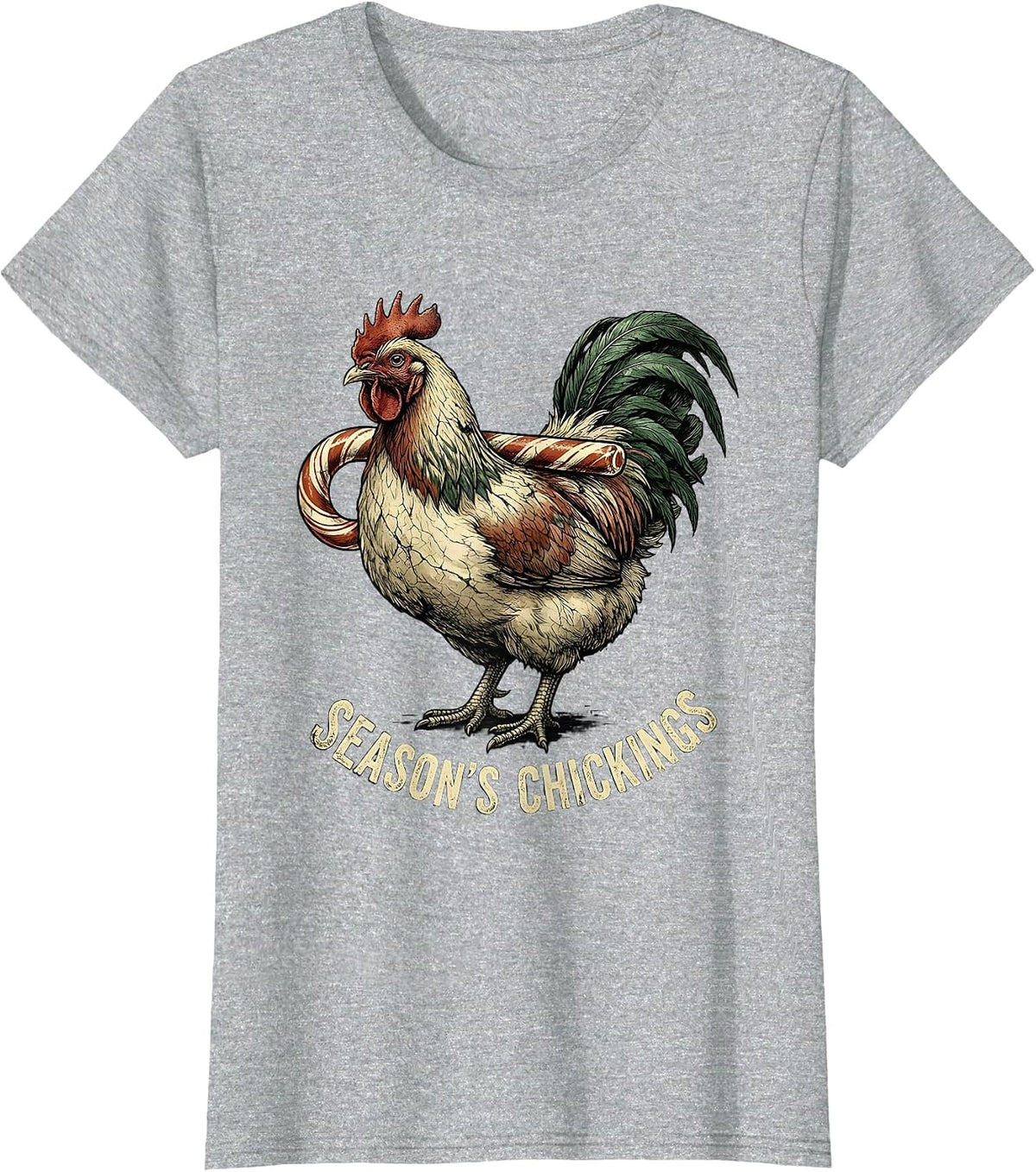 Women's Season's Chickings Distressed Chicken Lover Christmas Humor T-Shirt - Heather Grey