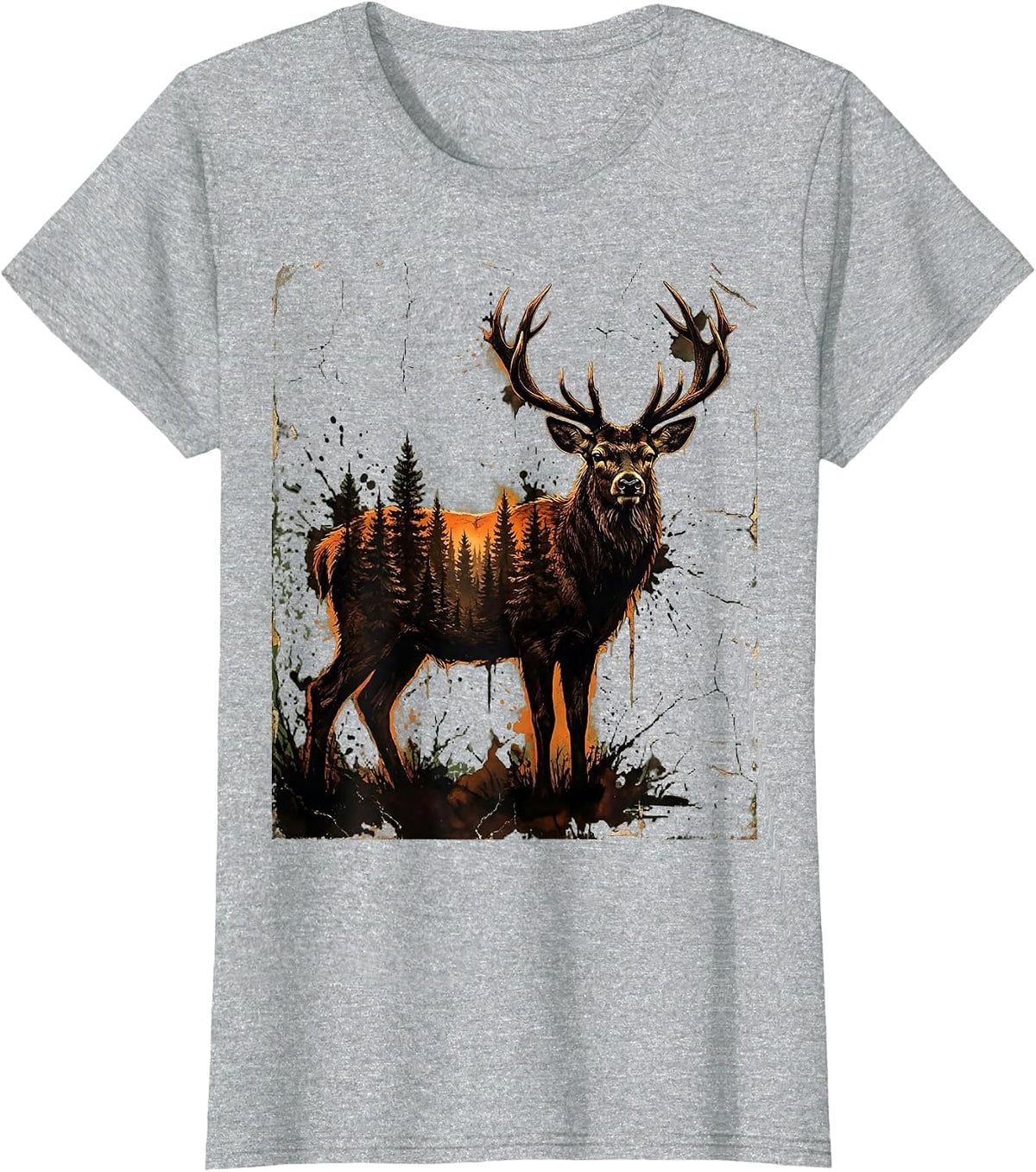 Buck Deer Silhouette Misty Forest Hunting Design T-Shirt - Heather Grey