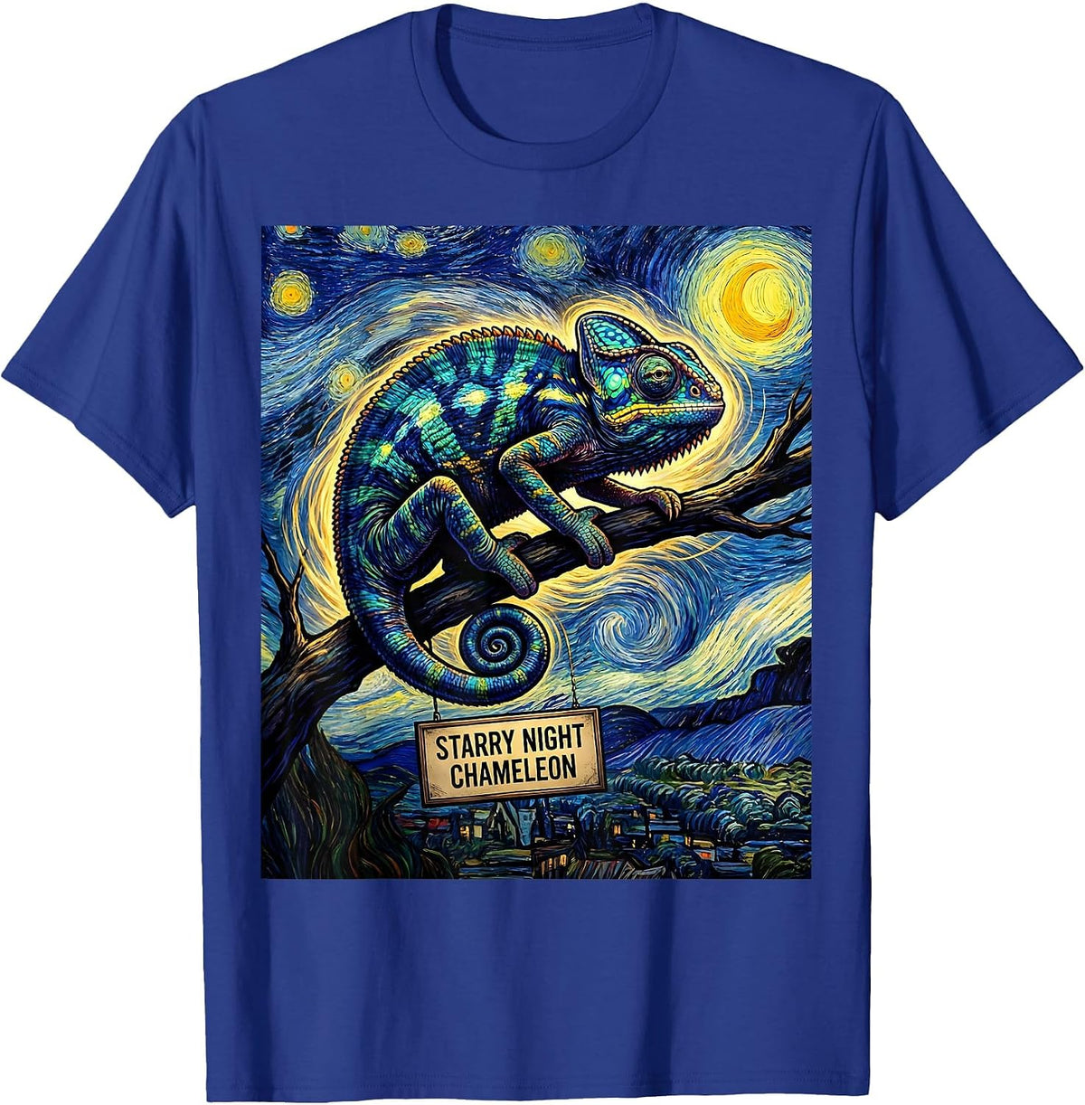Men's Starry Night Chameleon Comic Book Van Gogh Art Lover T-Shirt - Royal Blue