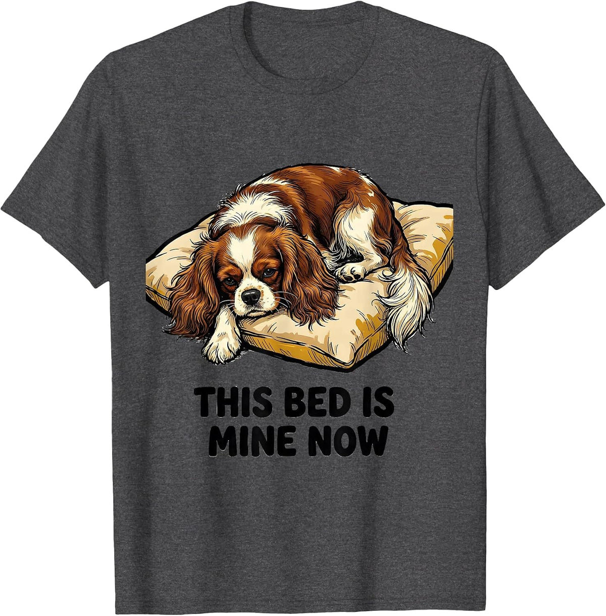 Men's This Bed Is Mine Now Funny Cavalier King Charles Spaniel T-Shirt - Dark Heather Grey