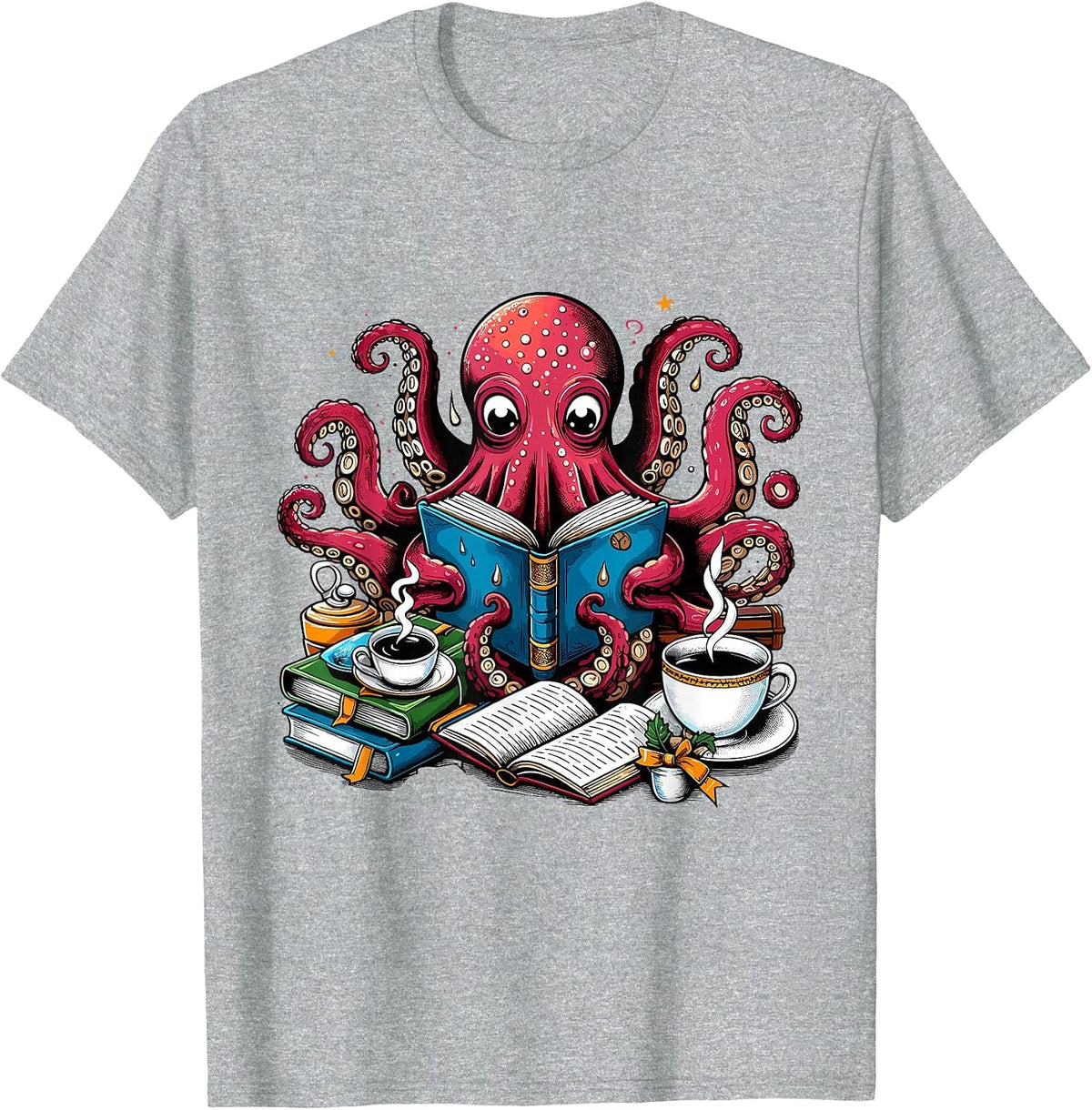Octopus Reading Book Coffee Lover Bookaholic Bookworm Reader T-Shirt - Heather Grey