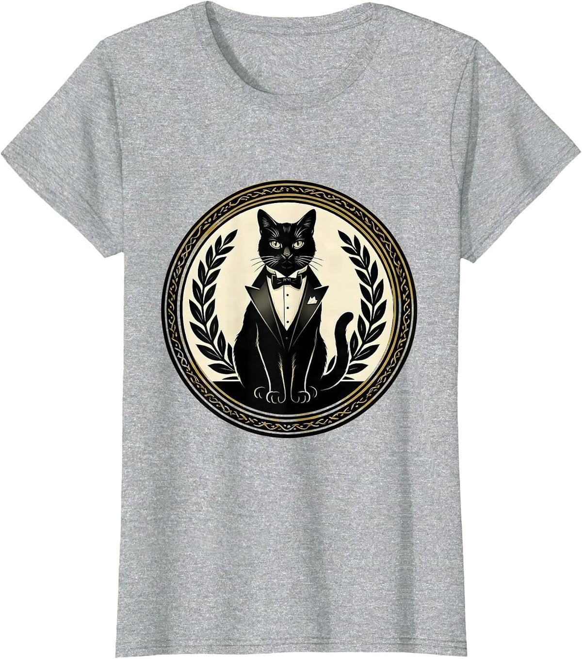 Regal Cat in Tuxedo Illustration T-Shirt - Heather Grey