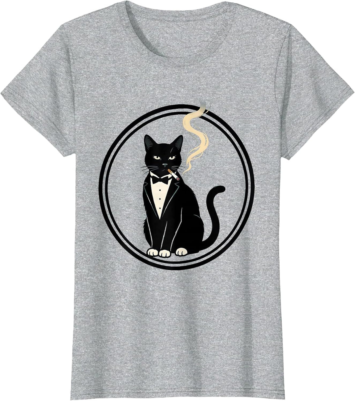 Tuxedo Cat Smoking a Ring of Smoke Art T-Shirt - Heather Grey