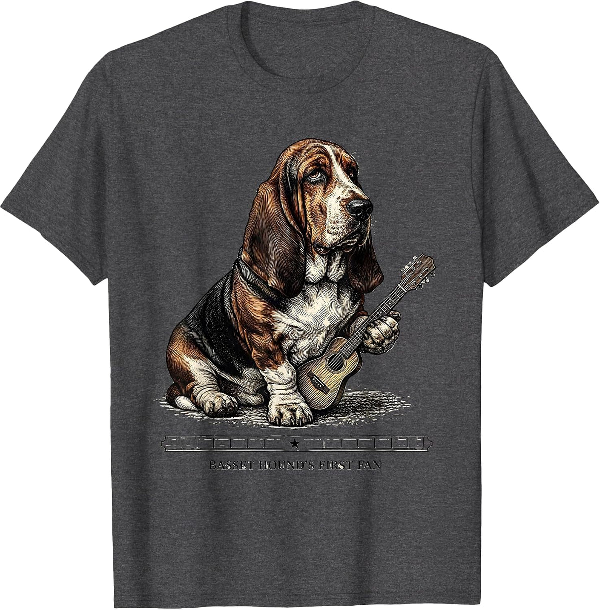 Men's Basset Hound's First Fan Crosshatch Etching Rock Music Dog T-Shirt - Dark Heather Grey