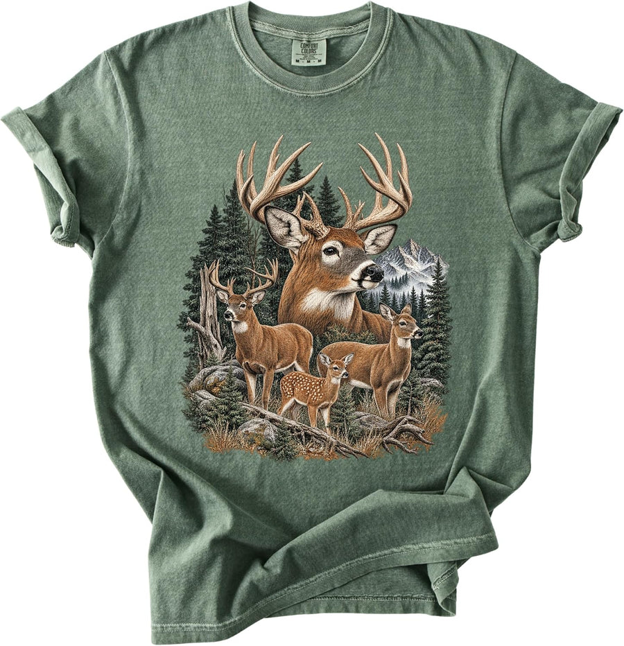 Deer Hunting T-Shirt, Whitetail Buck Woodland Wildlife Outdoor Shirt - Moss